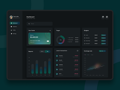 Finance Dashboard app atm dark mode dark theme design finance finances fintech ui ux walley