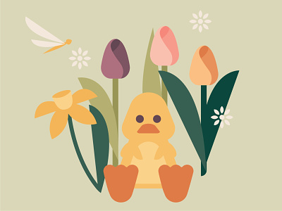 Duck daffodil design dragonfly duck easter flat floral flowers garden happy holiday illustration spring sweet tulips vector