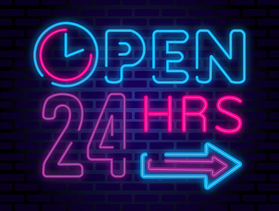 neon open 24 hrs 24 hrs abstract background beautiful design illustration logo open vector