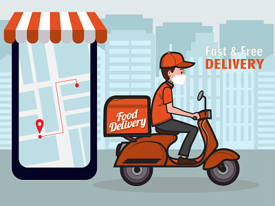 Delviery man on scooter in front of phone Pro Vector abstract background beautiful delivery design food delivery illustration man vector