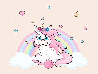 Cute baby unicorn with hearts, stars, rainbow and clouds abstract animation background beautiful cute baby unicorn design illustration vector