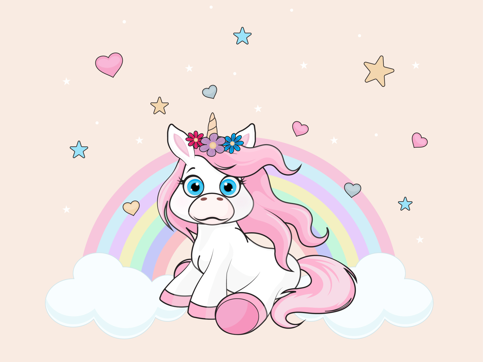 Cute baby unicorn with hearts, stars, rainbow and clouds by Nicoleta on ...