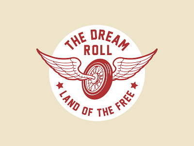 The Dream Roll Wing Badge Logo american badge biker cream design emblem embroidered patch embroidery engine gear graphic illustration land logo motorcycle patch tire traditional vintage wing