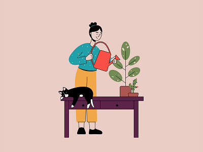 Girl Watering The Plant Illustration cat cat illustration cat lover character design free download free illustration free vector freebie plant illustration plants vector illustration watering plant woman illustration