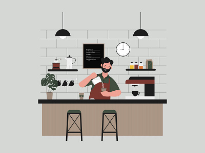 Barista Preparing Coffee Illustration barista cafe coffee coffee cup coffee maker coffee shop coffee time espresso flat illustration free download free illustration free vector freebie green illustration plant vector illustration