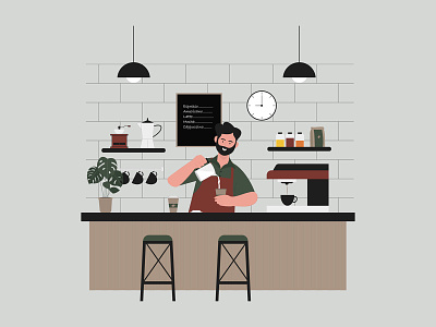 Barista Preparing Coffee Illustration barista cafe coffee coffee cup coffee maker coffee shop coffee time espresso flat illustration free download free illustration free vector freebie green illustration plant vector illustration