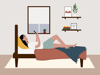Girl using Phone in bed Illustration bed bedroom character design character illustration chat chatting free download free illustration free vector freebie girl illustration illustration laying in bed lazy day plant using phone vector vector art window