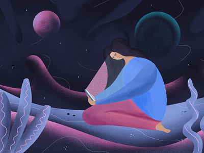 Reading time artwork astro character editorial flat galaxies illustration mobile people phone planets reading stars texture