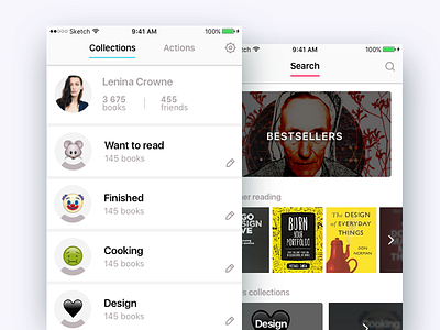 Leafy App books collections design interface ios profile ui ux