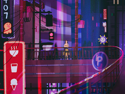 lonely city anime character city concept art digital art exploration explore girl illustration lights people procreate progress simple sketch