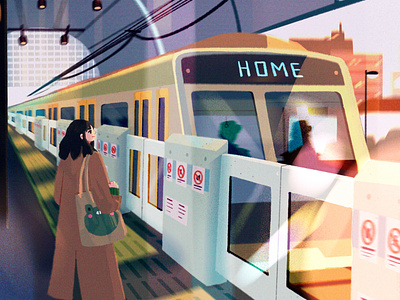 lets go home afternoon character city concept art digital art frog girl home illustration lights procreate simple station train waiting