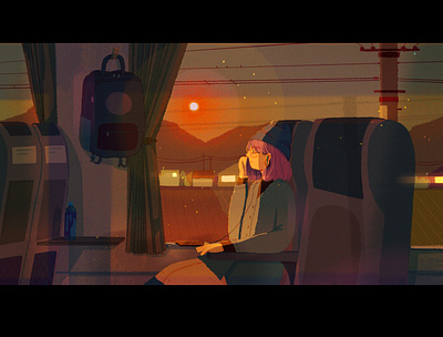 feel the warmth afternoon character city concept art digital art girl glow home illustration journey landscape lights simple sun train