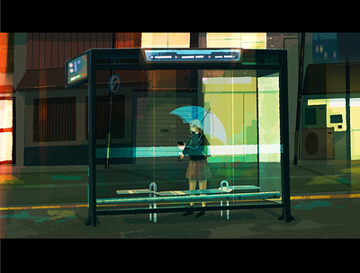 rainy nights anime bus character city concept art digital art home illustration landscape lights phone procreate simple transport umbrella waiting