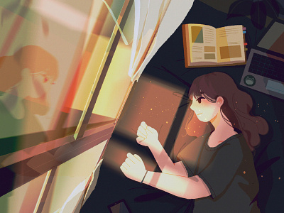 pause anime character concept art digital art girl glow home illustration laptop lights pause reflection rest sketch window windows phone