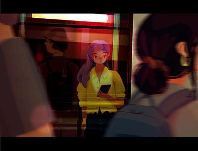 it's a window vibe bag blur bus character city flow frog glow home illustration night people phone procreate reflection simple sketch window wip