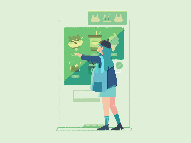 Vending machine lovinβ β’ Japan 2018 vending machine girl cute japanese food shiba animals lighting illustrator color progress icons wip japan design simple inspiration character vector illustration