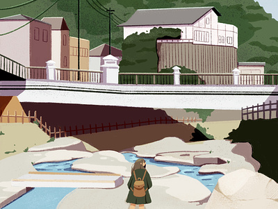 arima onsen, spa town in kobe, japan bridge character city environment exploration illustration japan nature onsen procreate sketch town water