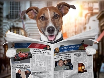 Dog Newspaper Mock Up mock up news paper newspaper paper perspective photo realistic reading real smart object.