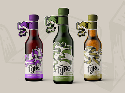 Fyre: Medieval Hot Sauce - Packaging bottles branding design graphic design hot sauce illustration label medieval packaging spicy typography