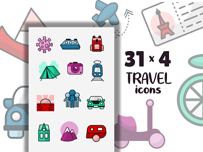 Travel icons adventures blue camping green icons line art outline purple red set travel