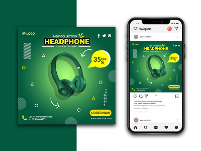 Green Headphone Social Media Instagram Banner branding design discount exclusive design minimal post banner