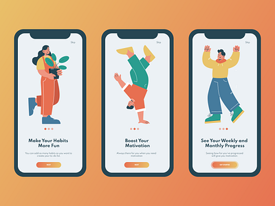 Habit Tracker App app app design figma habit tracker habits illustration mobile application mobile application design motivation onboarding onboarding page design to do list ui ui design user experience design ux ux design uxui xd