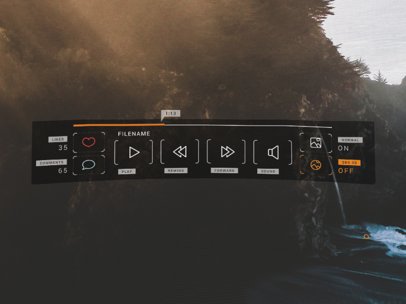 Video interface. Интерфейс плеера. VR Интерфейс. VR interface Design. VR UI Design.