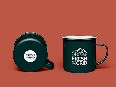 Fresh Off The Grid Enamel Mug Mock up adventure branding camp mug camping enamel mug fresh illustration logo outdoors typography