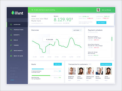 Mint Banking Dashboard account balance banking dashboard goals green payment spendings transactions