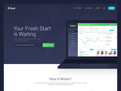 Mint Landing Page 2.0 balance banking finances fresh green landing page spendings transactions ui wallet