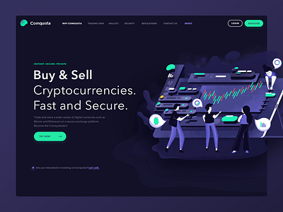 Coinquista - Header 10clouds blockchain coinquista crypto currency crypto trading cryptocurrencies cryptocurrency cryptocurrency exchange header illustration landing landing page ui ux