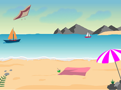 Beach Illustration adobe illustrator beach beach illustration beach scene boat gradient graphic illustraion island mountains summer umbrella vector art vector illustration