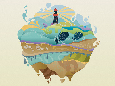 Lighthouse fish illustration layers lighthouse ocean pacific pastel wave