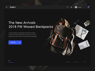 Baggins - Waxed Backpacks backpacks dark design desktop ecommerce hero banner slider ui ux web