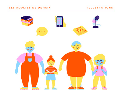 Podcast - Les adultes de demain blue book branding children digital drawing education illustration illustrator inclusive logo mic no gender orange pink podcast procreate school study yellow