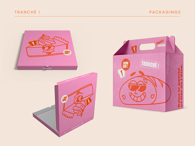 Tranché ! — Brand Identity bakery box box design brand identity branding bread cardboard box characters delivery digital food graphic design illustration illustrator logo pack packaging pink pizza box tranché !