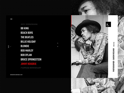 Artist's Index black and white exhibition gallery interactive gallery jimi hendrix photography rock web design