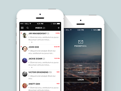 PocketMSG - (concept mailing app for iphone) black flat ios iphone listing login long shadow mail mobile ui ux