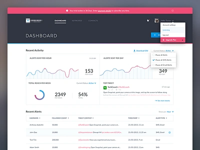 Retweet (dashboard) application chart dashboard graph list menu navigation table tweets ui ux