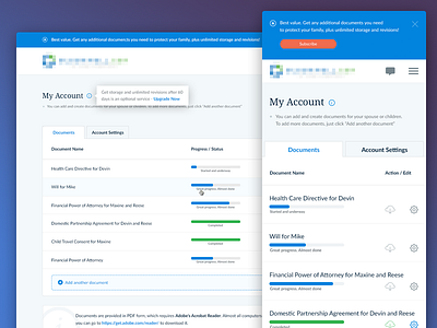 My Account page (dashboard) application dashboard documents list menu my account navigation responsive settings ui ux