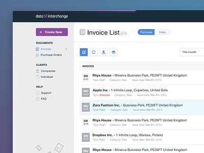 Invoice list application dashboard invoice list panel platform purchase table trade ui ux workflow