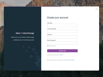 Create new account application dashboard form login panel platform sign up trade ui ux workflow