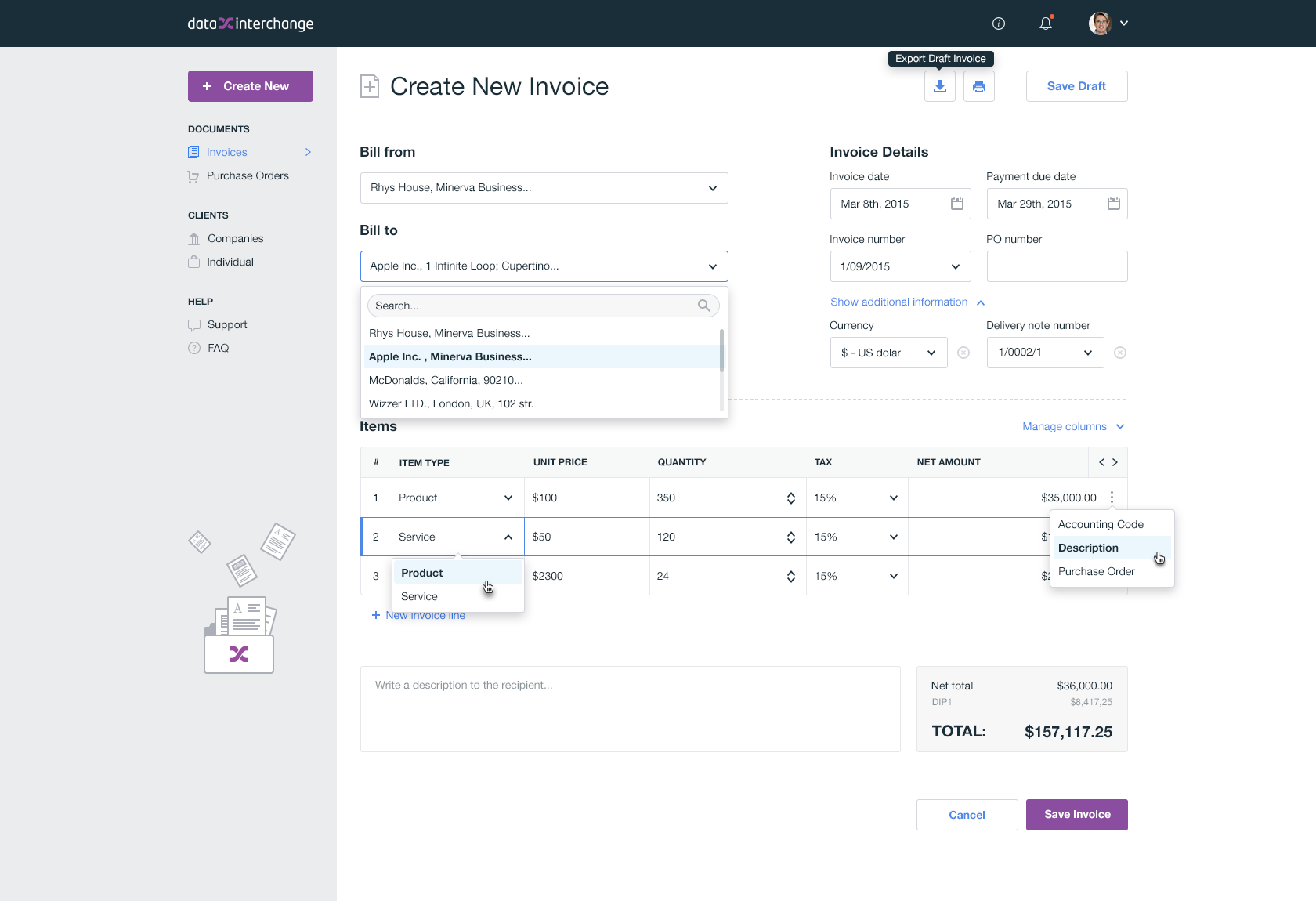 create a quick invoice for an item