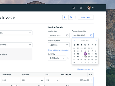 Create new Invoice application calendar create dashboard invoice panel platform purchase table ui ux workflow
