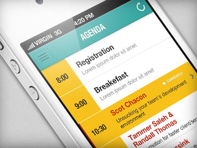 Baruco - Agenda view app design details green interface ios iphone 4s ui user ux white yellow