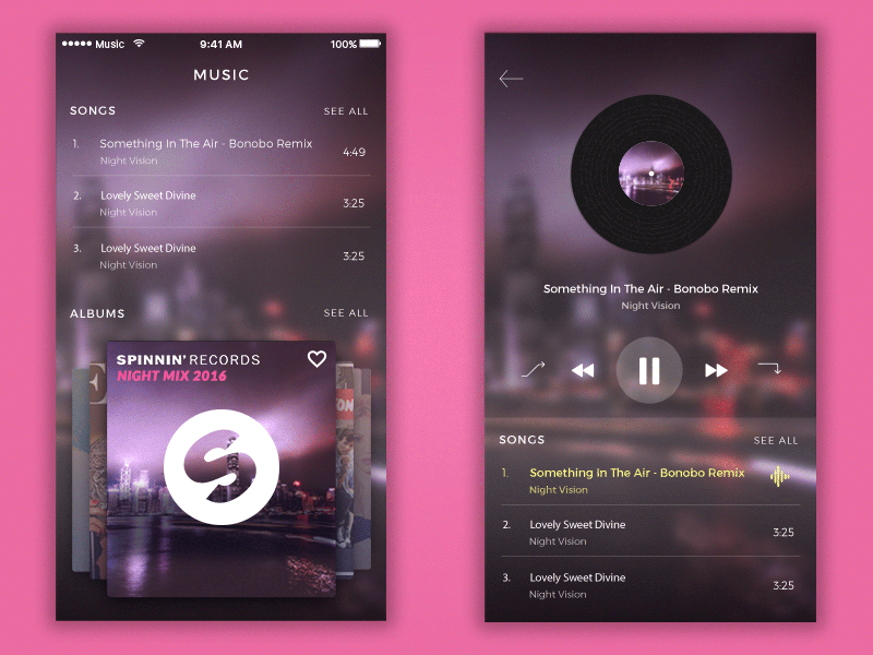 Music App Concept after effects animation blur concept interface ios music app music photoshop music player pink sketch ui