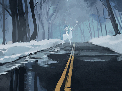 The Road art deer girl illustration kurtchangart mystery snow surrealart winter