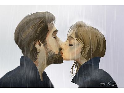 A Kiss in the Rain couple emotion illustration kiss kurtchangart love mood photoshop rain romance romantic
