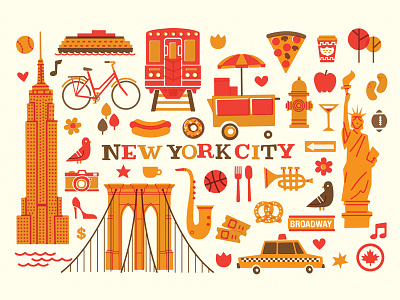 NYC autumn city fall flat illustration new york nyc pizza retro vector vintage
