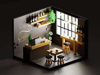 Isomertic Cafe 3d 3dart 3ddesign 3dmodeling 3drender blender3d cafe coffee cute cycles graphic design illustration isometric lowpoly plant polygon ui